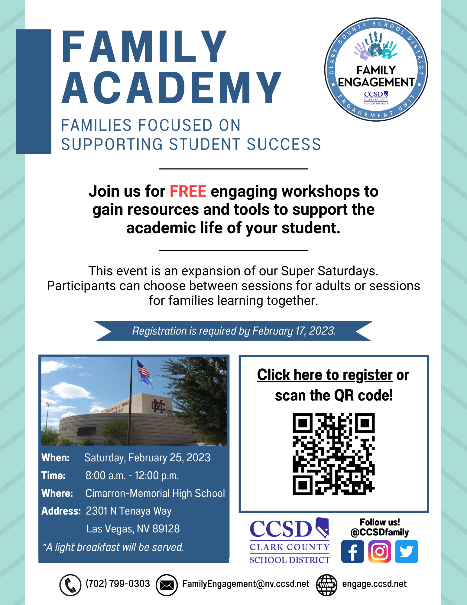 Blue and white flyer for Family Academy event.